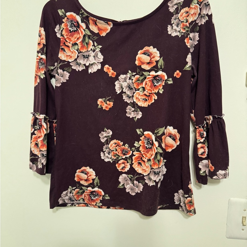 Women’s Floral Scoop-Neck Top in Dark Brown with Orange Blooms